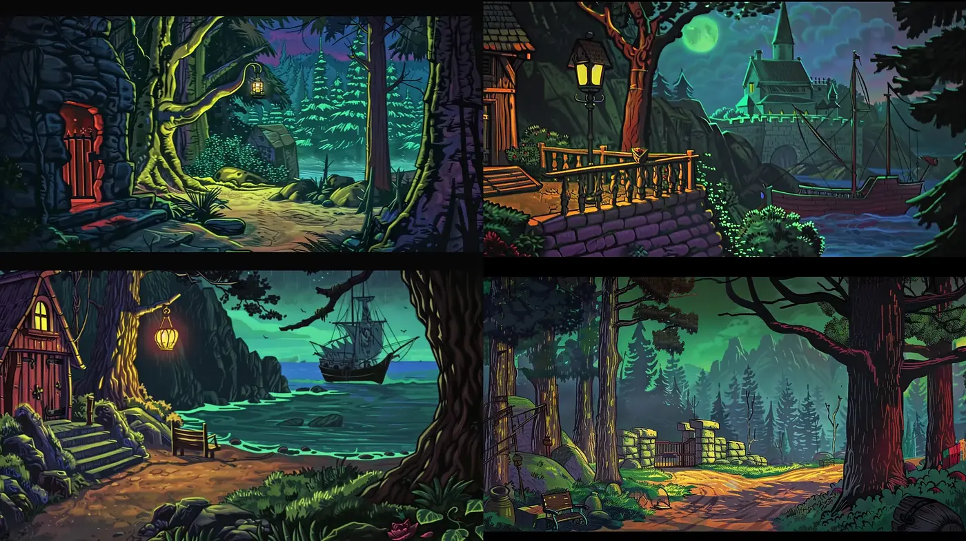 Enigmatic Nocturnal Landscapes: Illuminated Night Scenes with Lurid and Mysterious Overtones - Midjourney sref style