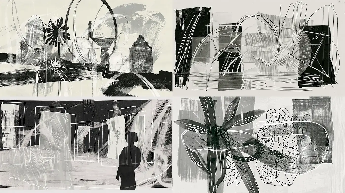 Dynamic Exploration of Abstract Forms Through Monochromatic Layers - Midjourney sref style