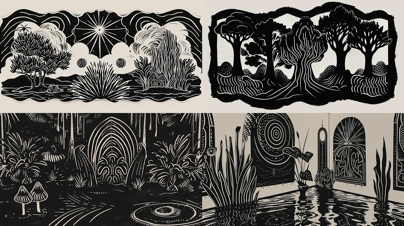 Contrasted Monochromatic Woodcut Aesthetic - Midjourney sref style
