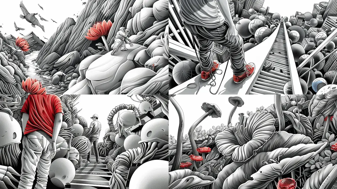 Surrealistic Exploration with Vivid Details and Stylized Characters - Midjourney sref style