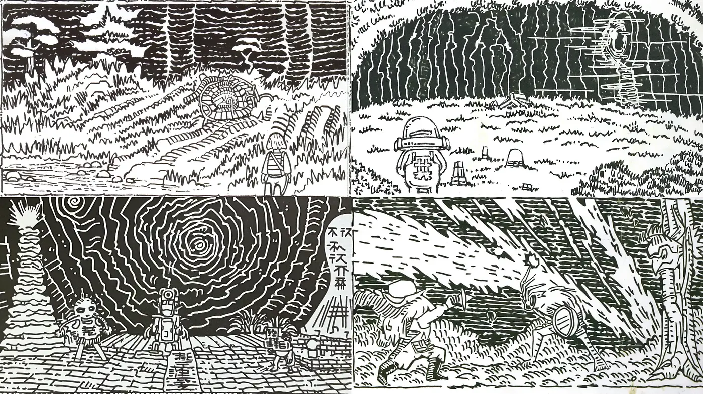 Monochromatic Linework Exploration in Dynamic Scenes - Midjourney sref style