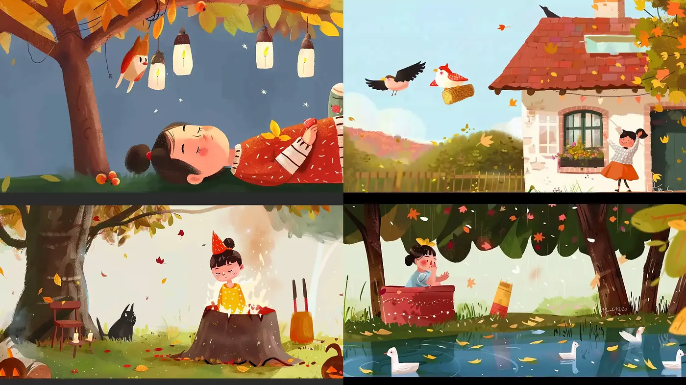 Whimsical Autumn Storybook Illustration Collection - Midjourney sref style