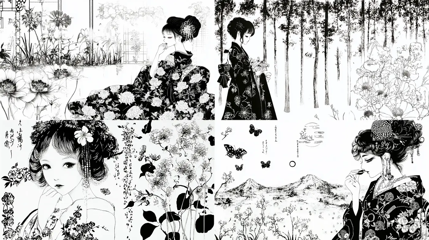 Monochromatic Ink Washes with Floral Motifs - A Contemporary Take on Traditional East Asian Art - Midjourney sref style