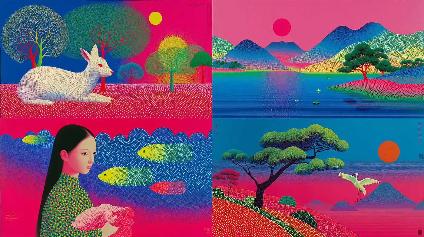 Vibrant, Lush, and Surreal Landscape Illustrations with a Dreamlike Quality - Midjourney sref style