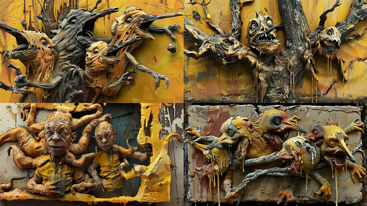 Eccentric Surreal Horrorscape in Expressive Tactile Textures - Midjourney sref style