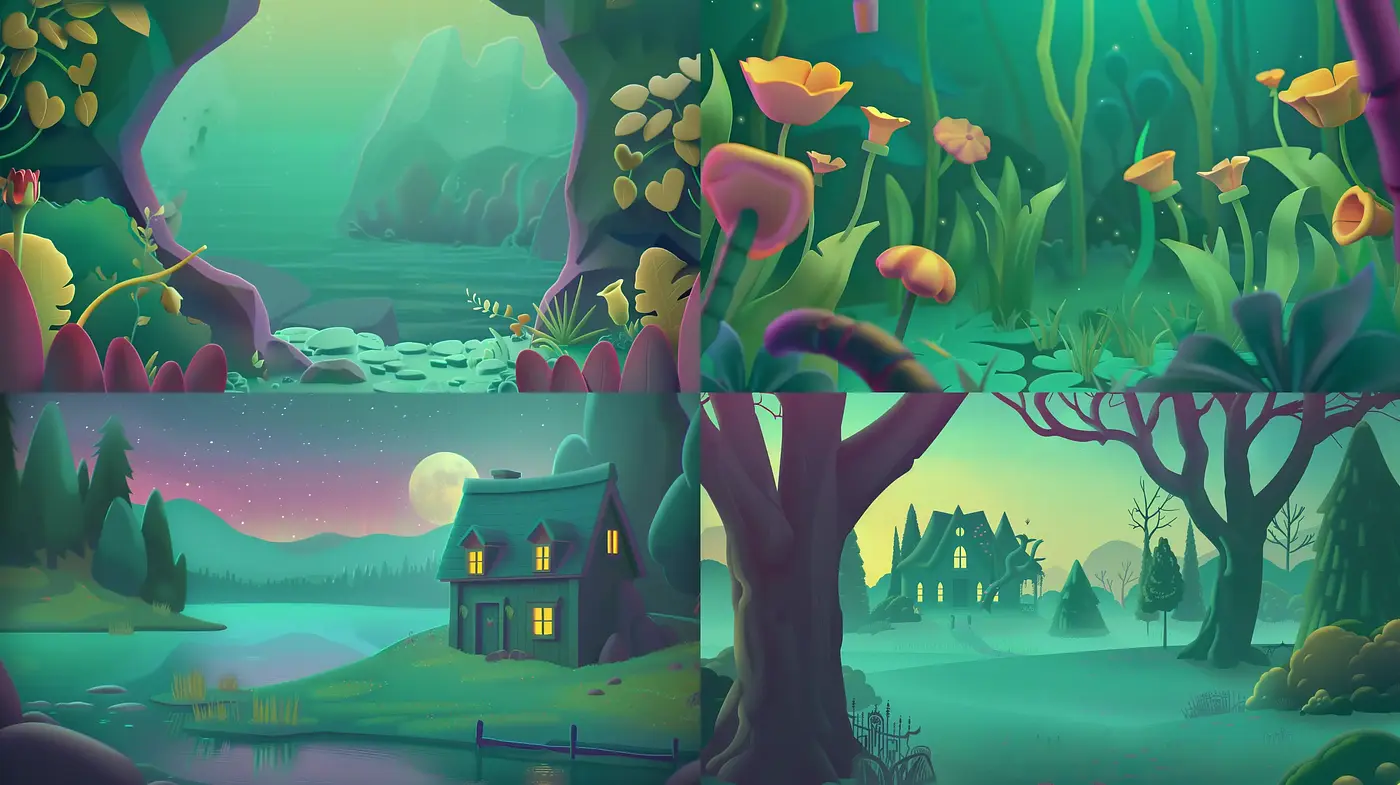 Enchanted Twilight: A Tranquil Journey Through Stylized Nature - Midjourney sref style