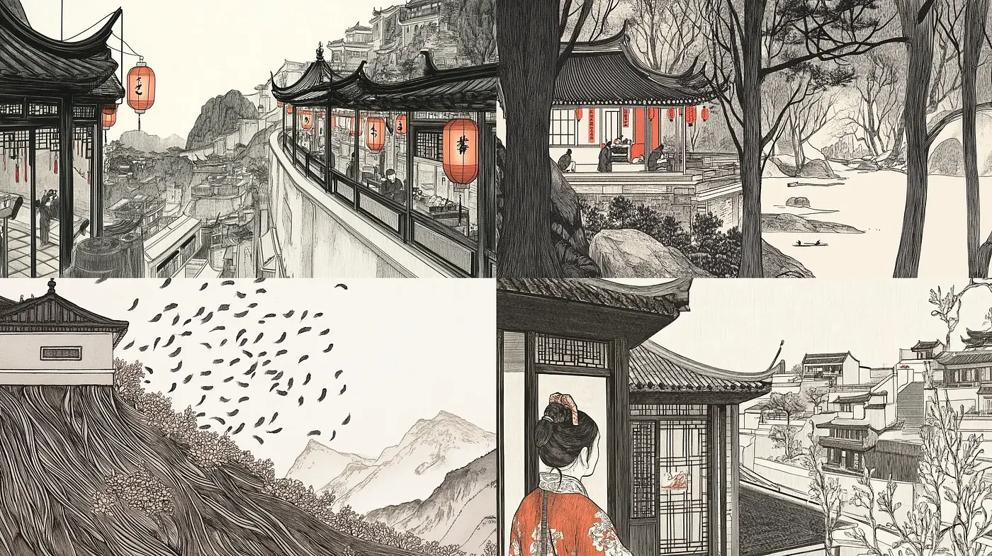 Monochromatic Asian-Inspired Ink Wash Panoramas - Midjourney sref style