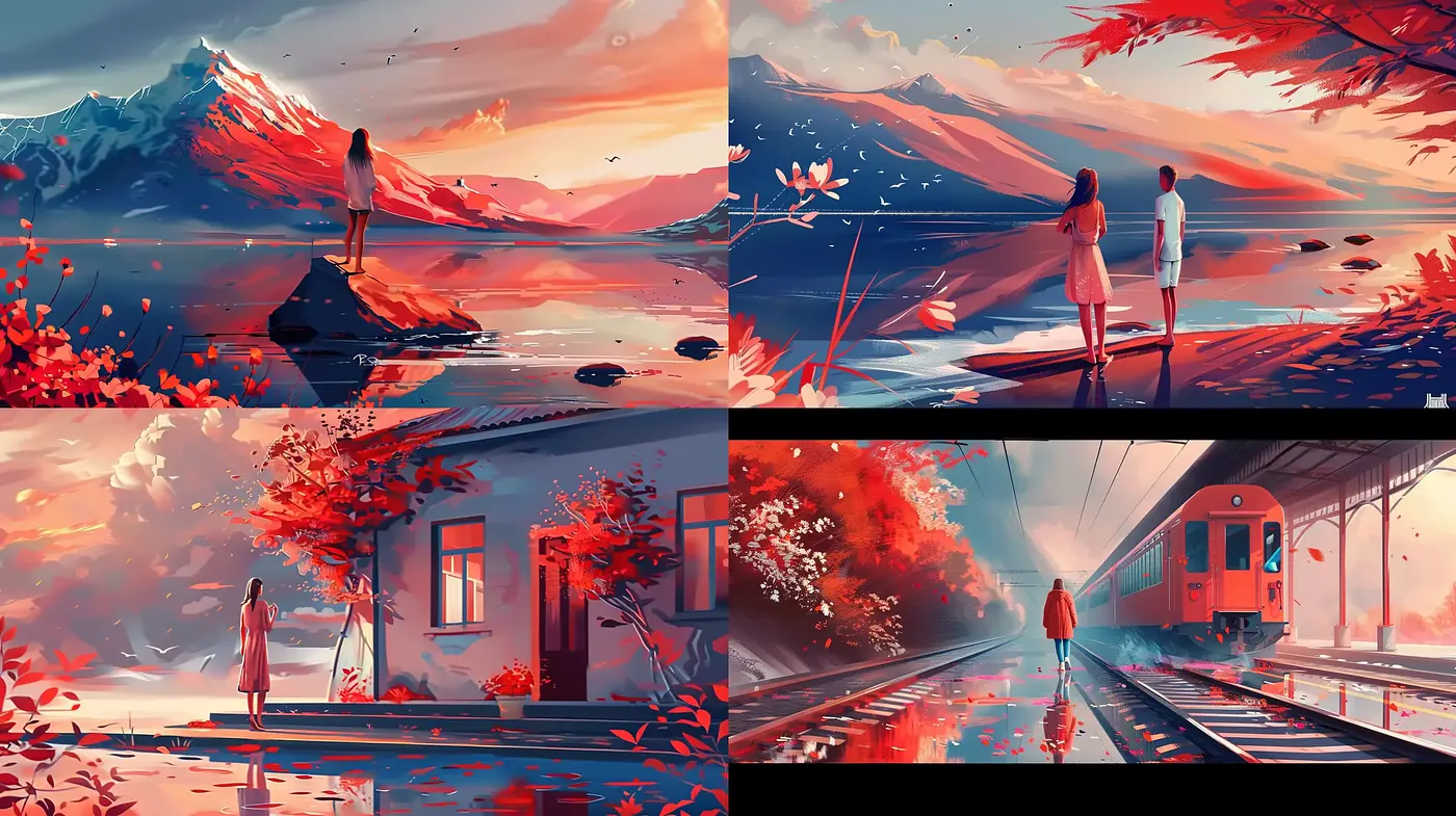 Crimson Melancholy: A Stylized Fusion of Serenity and Longing in Digitally-Painted Vistas - Midjourney sref style