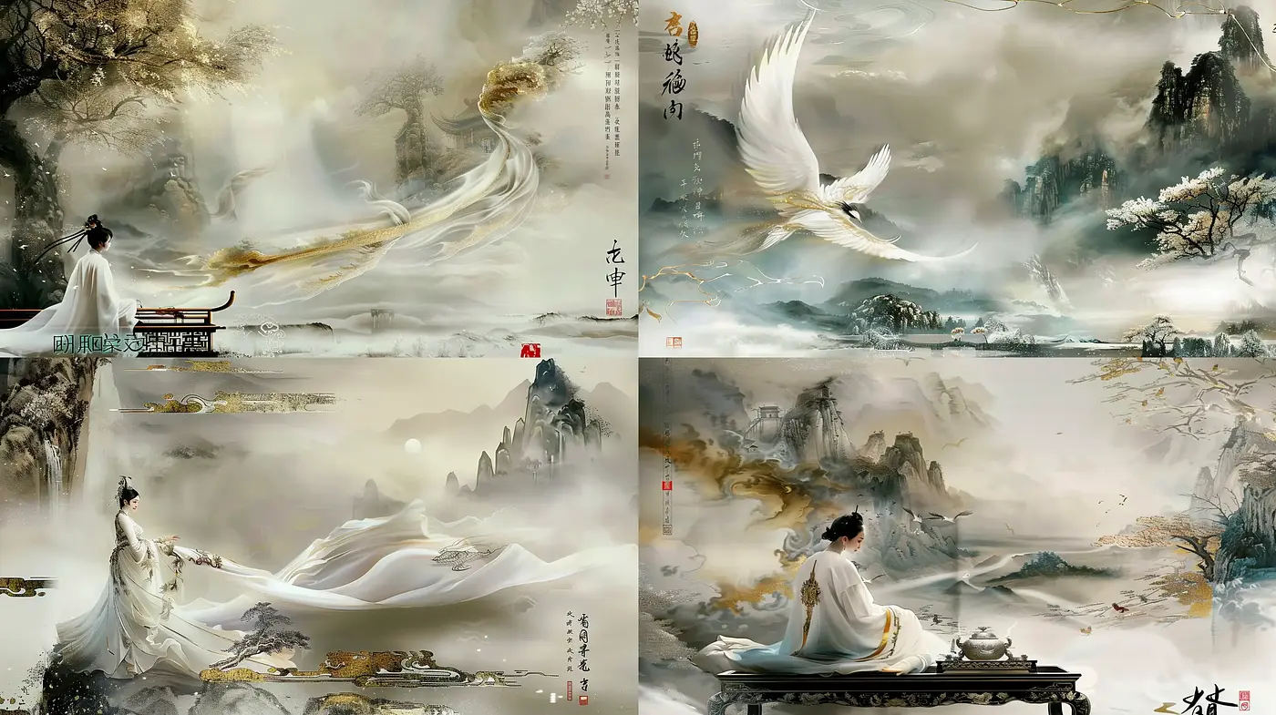 Ethereal Elegance in Monochrome: A Contemporary Homage to Traditional Chinese Ink Wash Paintings - Midjourney sref style