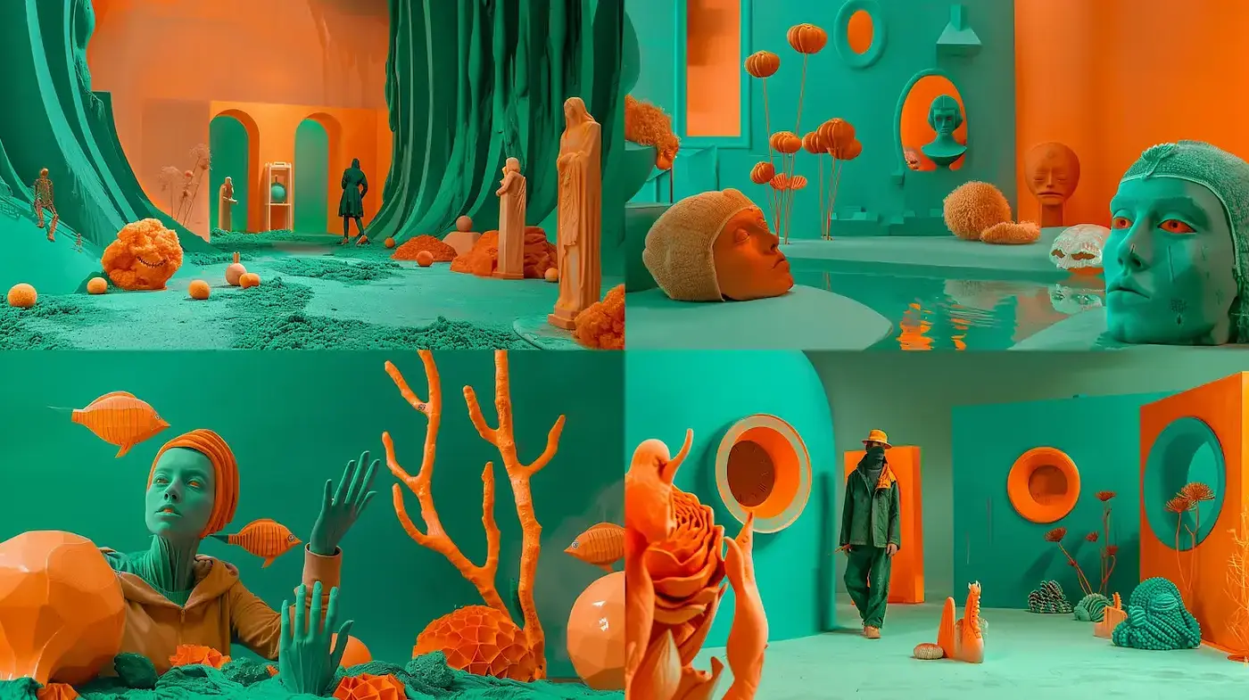 Surrealistic Vibrant Spaces with Fluid Forms and Textured Depths - Midjourney sref style