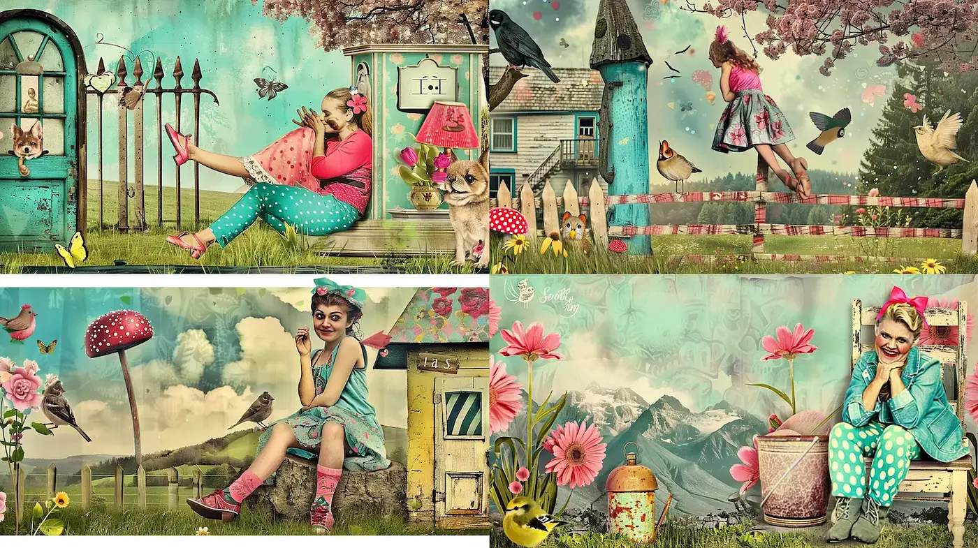 Whimsical, colorful scenes infused with playful nostalgia - Midjourney sref style