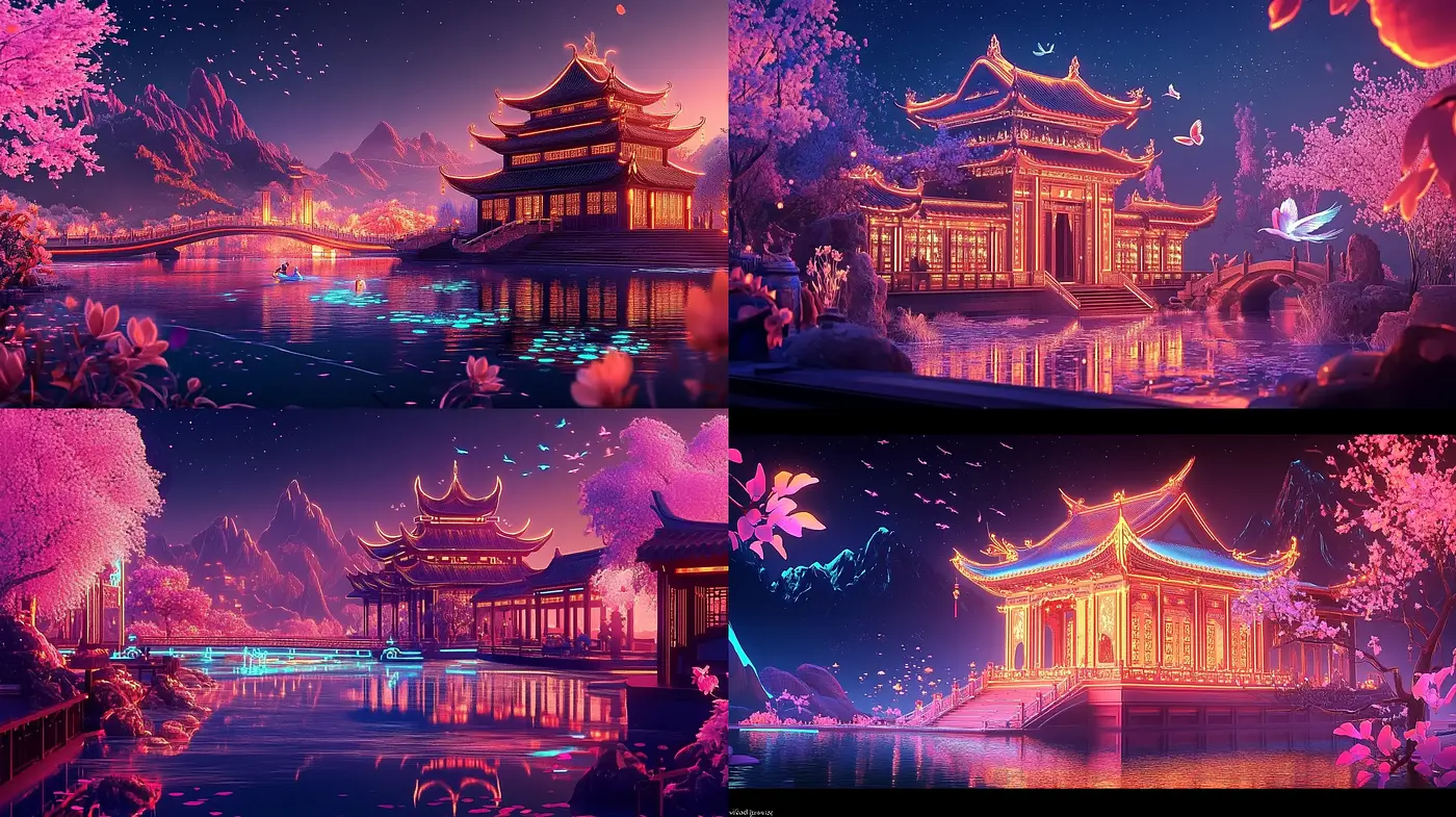 Fantastic Neon-Lit Traditional East Asian Dreamscapes - Midjourney sref style
