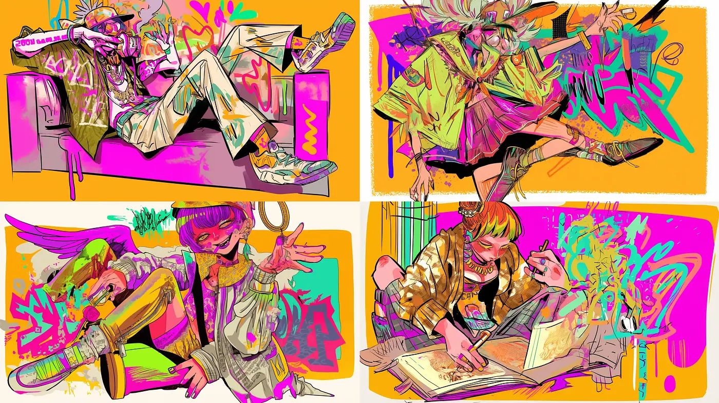 Eclectic Neon Graffiti Fusion with a Cartoonish Flair - Midjourney sref style
