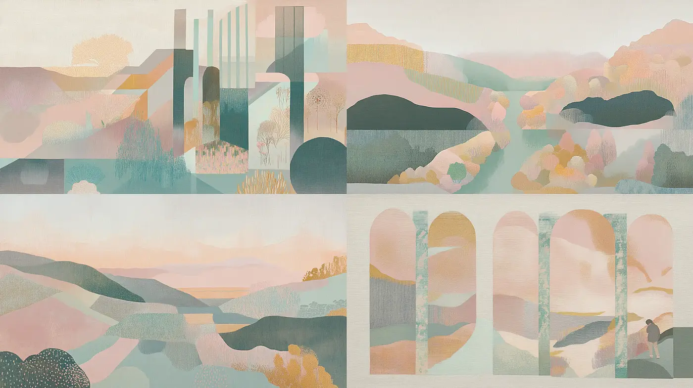 Serene Pastel Terrains: A Textured Landscape Exploration - Midjourney sref style