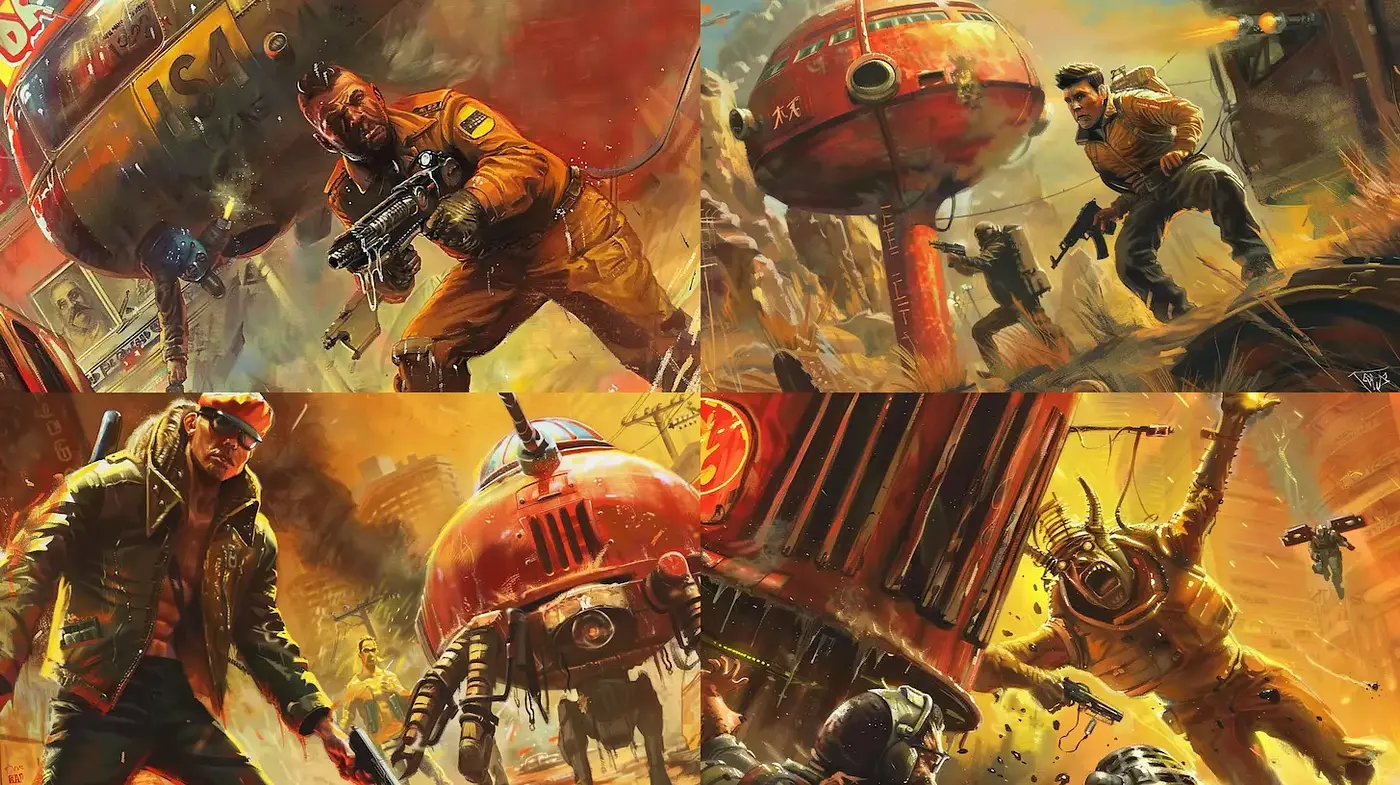 Dynamic, action-packed illustrations with post-apocalyptic themes - Midjourney sref style