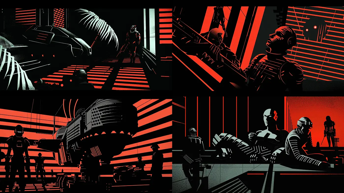 Stark Contrast Futurism with Expressive Silhouettes - Midjourney sref style