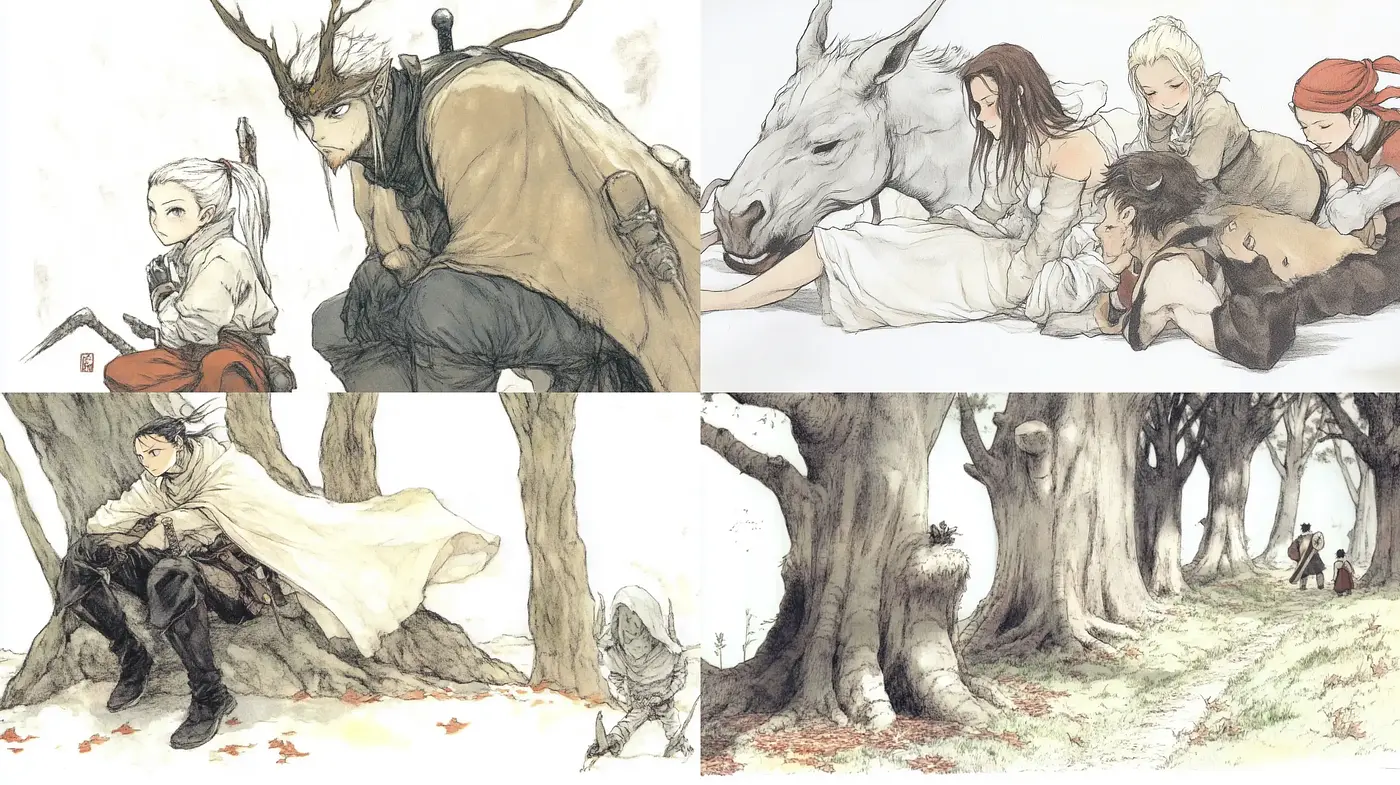 Mellow Fantasy Illustrations with an Earthy Watercolor Essence - Midjourney sref style