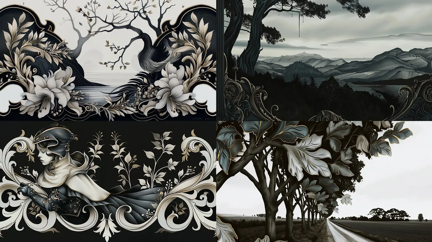 Elegantly Monochromatic Nature-Inspired Style with Art Nouveau and Baroque Fusion - Midjourney sref style
