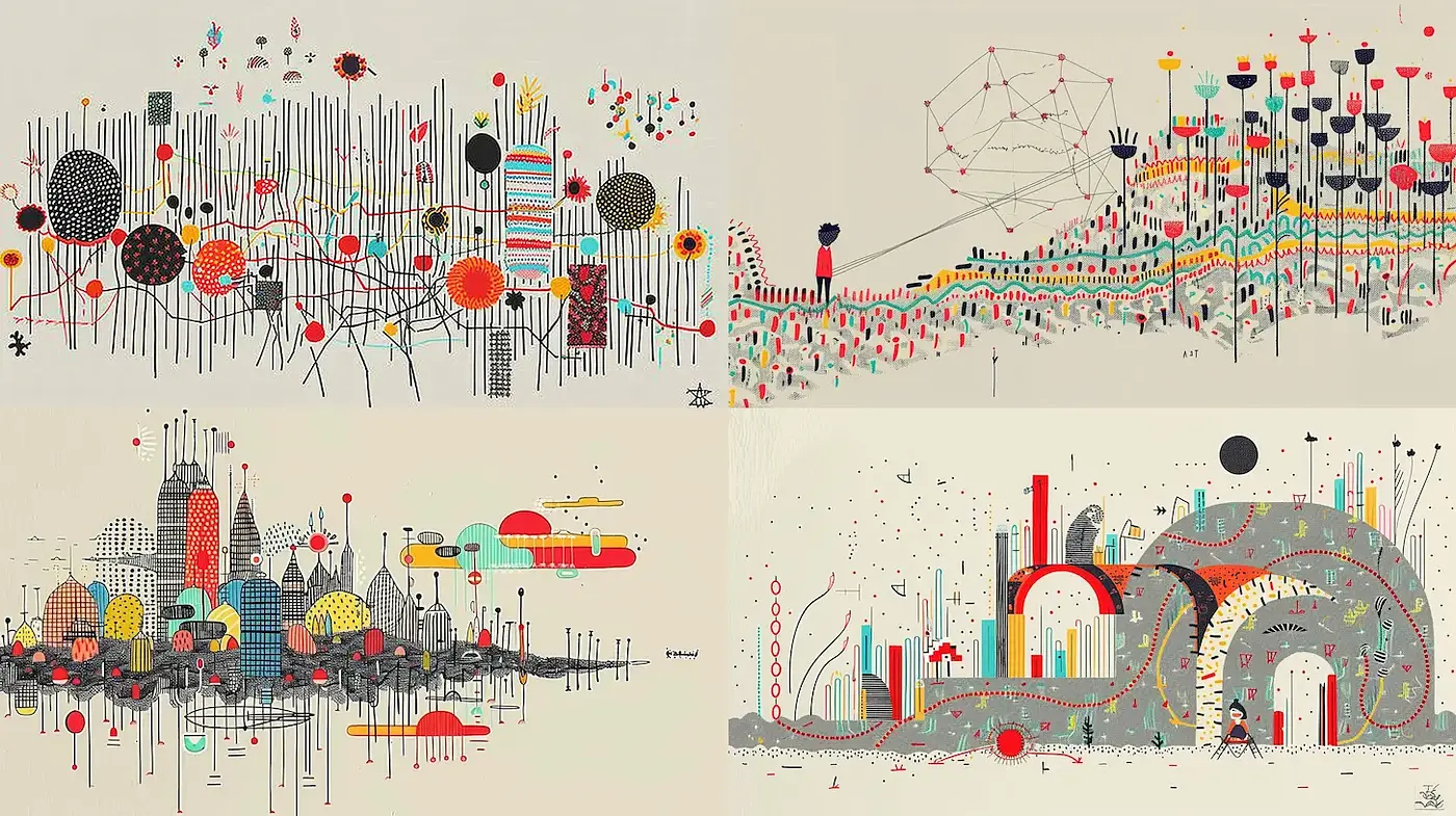 Colorful geometric abstraction with playful patterns and organic shapes - Midjourney sref style