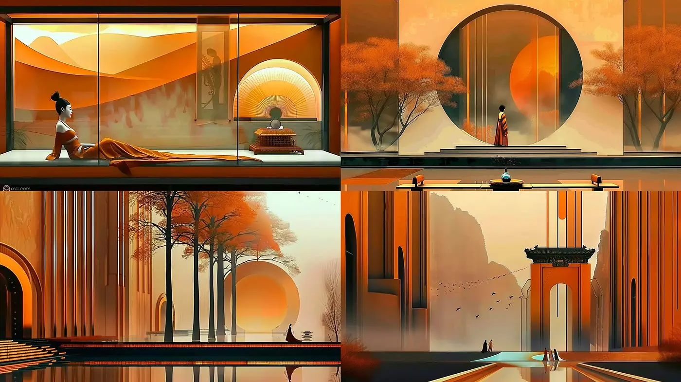 Serene Panoramas with Stylized Sunsets in Art Deco Influence - Midjourney sref style