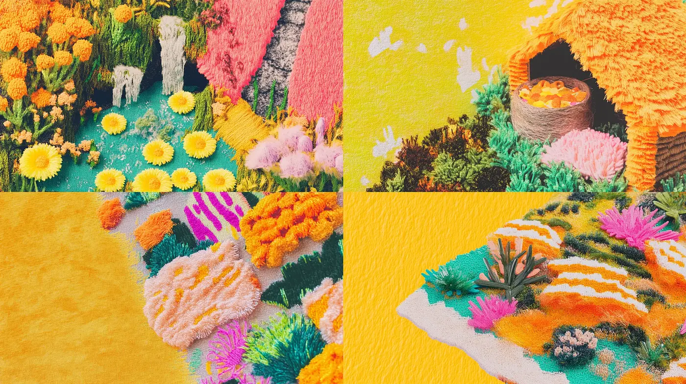Synthetic Pastoral Dreamscapes: A Textured Color Burst of Imaginative Flora - Midjourney sref style
