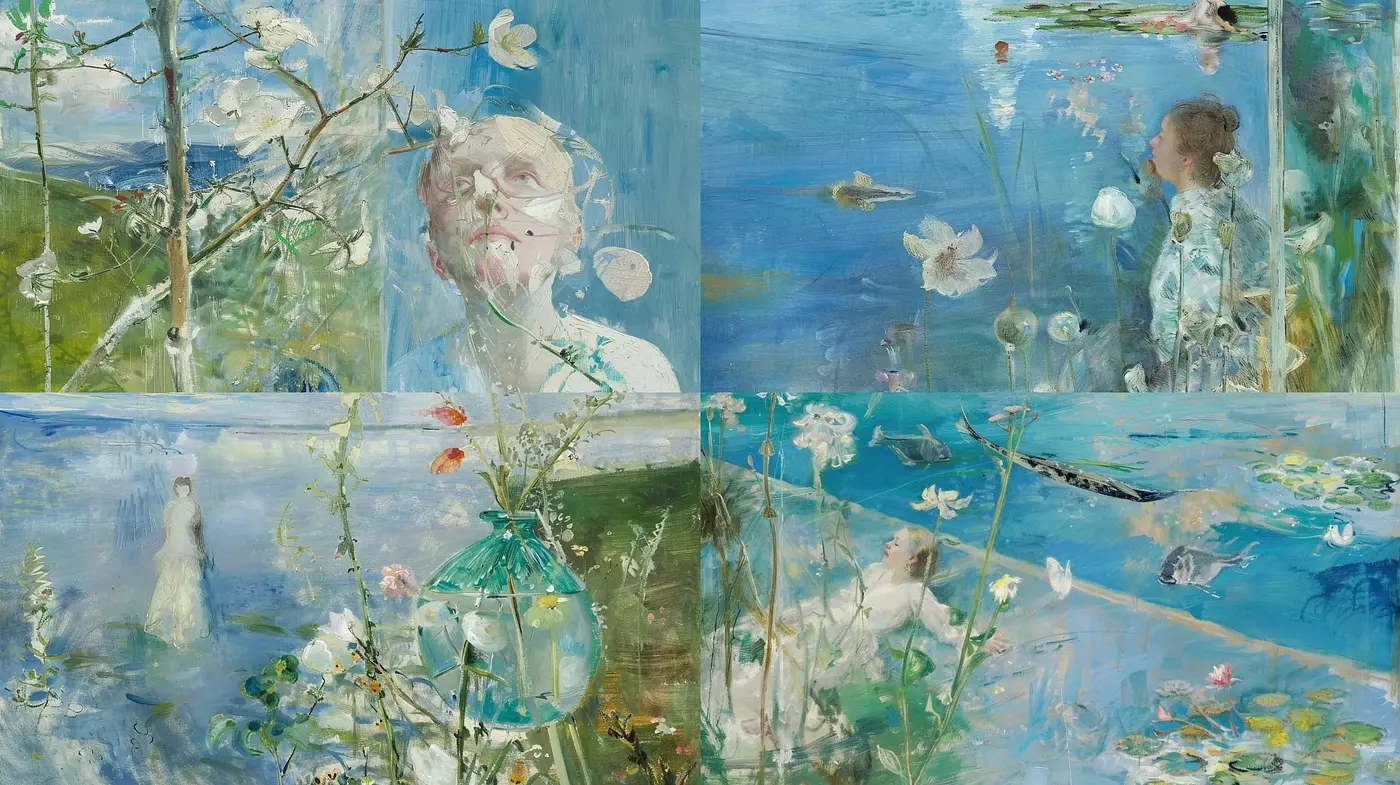 Ethereal Waterscape Impressions with Pastoral Elegance - Midjourney sref style