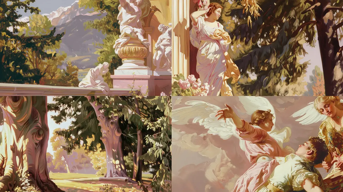 Romantic Elegance in Pastel: A Harmonious Symphony of Nature and Grace - Midjourney sref style