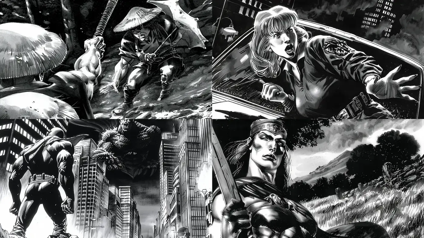 Dynamic High-Contrast Comic Style with Dramatic Storytelling Elements - Midjourney sref style
