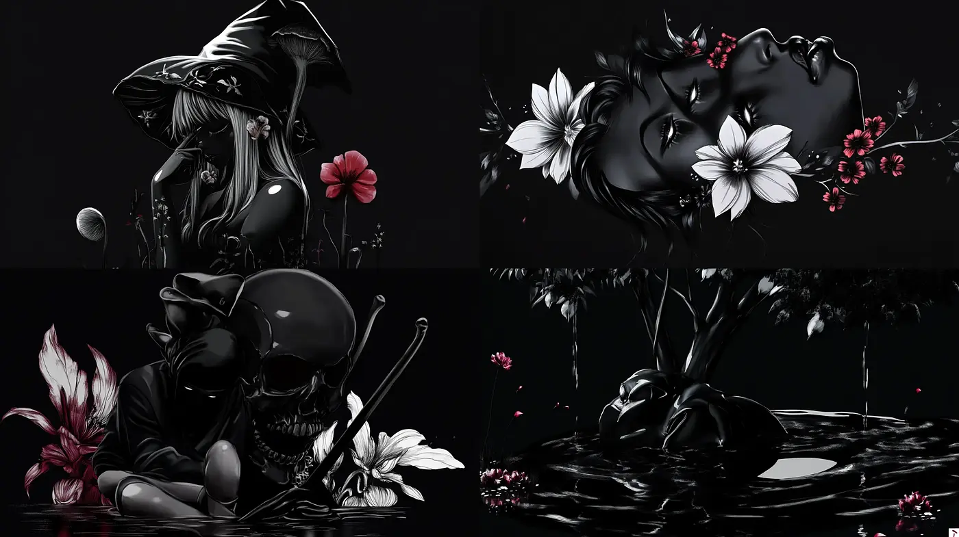 Monochromatic Elegance with Vivid Floral Accents in a Darkly Surreal World - Midjourney sref style