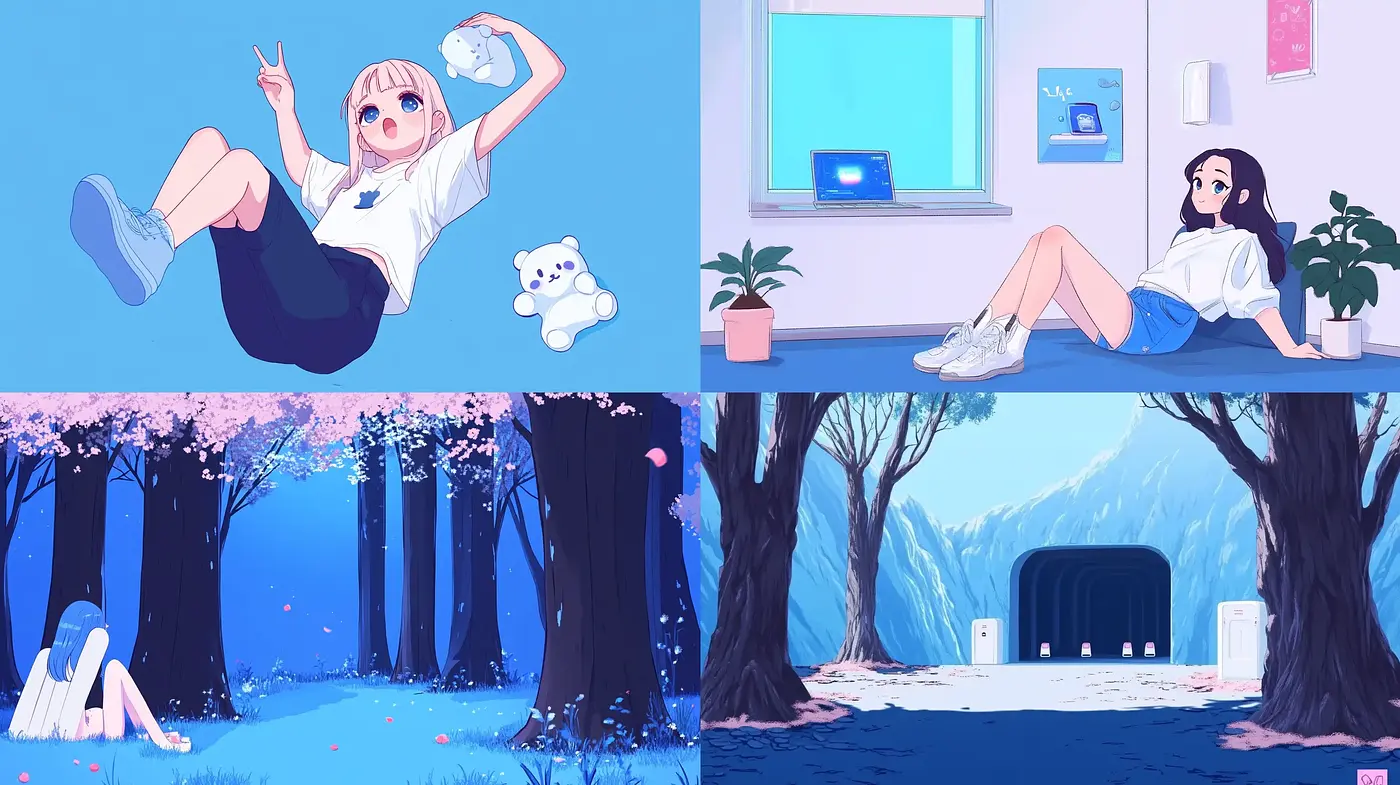 Harmonious Azure Dreamscape: A Tranquil Anime-Inspired Illustrative Journey - Midjourney sref style