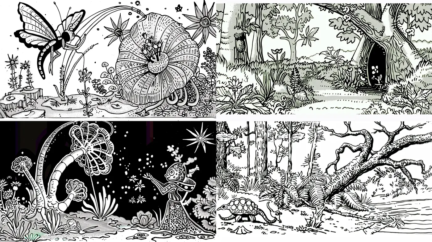 Enchanted Fauna and Flora in Monochrome Ink - Midjourney sref style