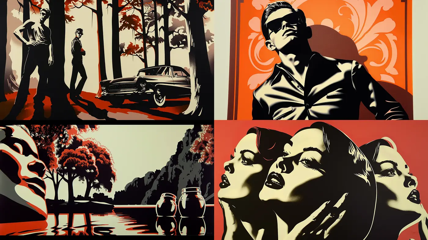 Bold Contrast and Silhouetted Nostalgia in Graphic Art - Midjourney sref style