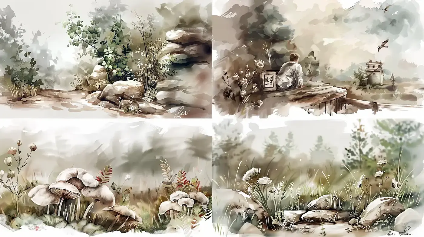 Elegant Serenity in Nature-inspired Watercolor Illustrations - Midjourney sref style