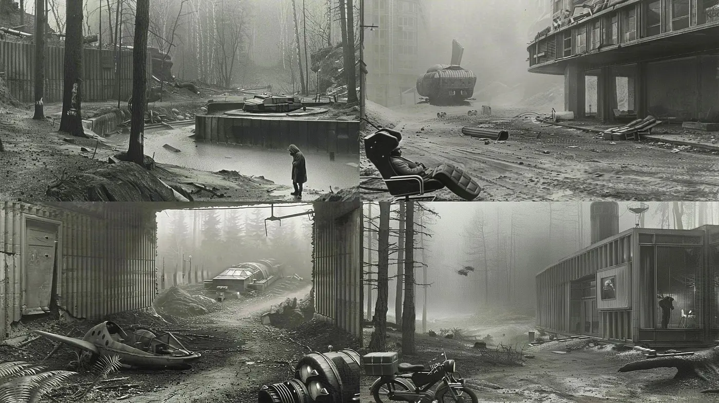 Misty Monochromatic Dreams: A Homage to Post-Apocalyptic Serenity - Midjourney sref style