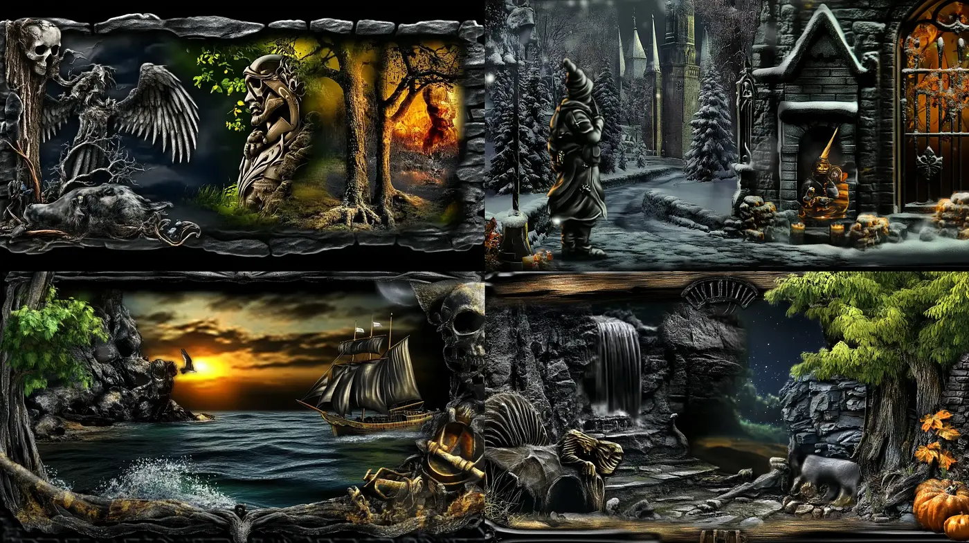 Gothic Fantasy Scenes with Consistent Illuminated Textural Contrast - Midjourney sref style