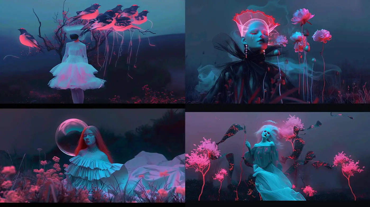 Neon Dreamscape: A Surreal Fusion of Mystic Hues and Ethereal Figures - Midjourney sref style
