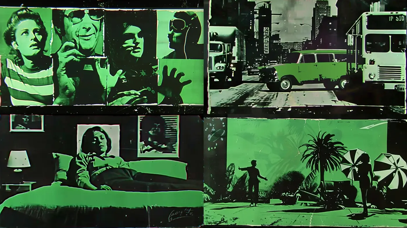 Green Tinted Nostalgic Vignettes with Pop Art Influence - Midjourney sref style