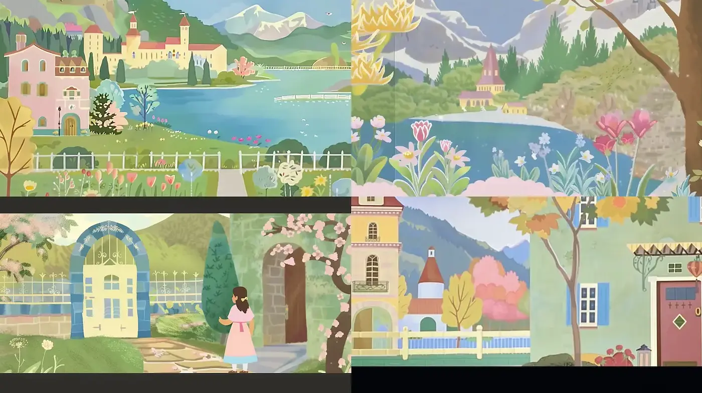 Charming Pastoral Scenes with Delightful Color Harmony and Playful Composition - Midjourney sref style