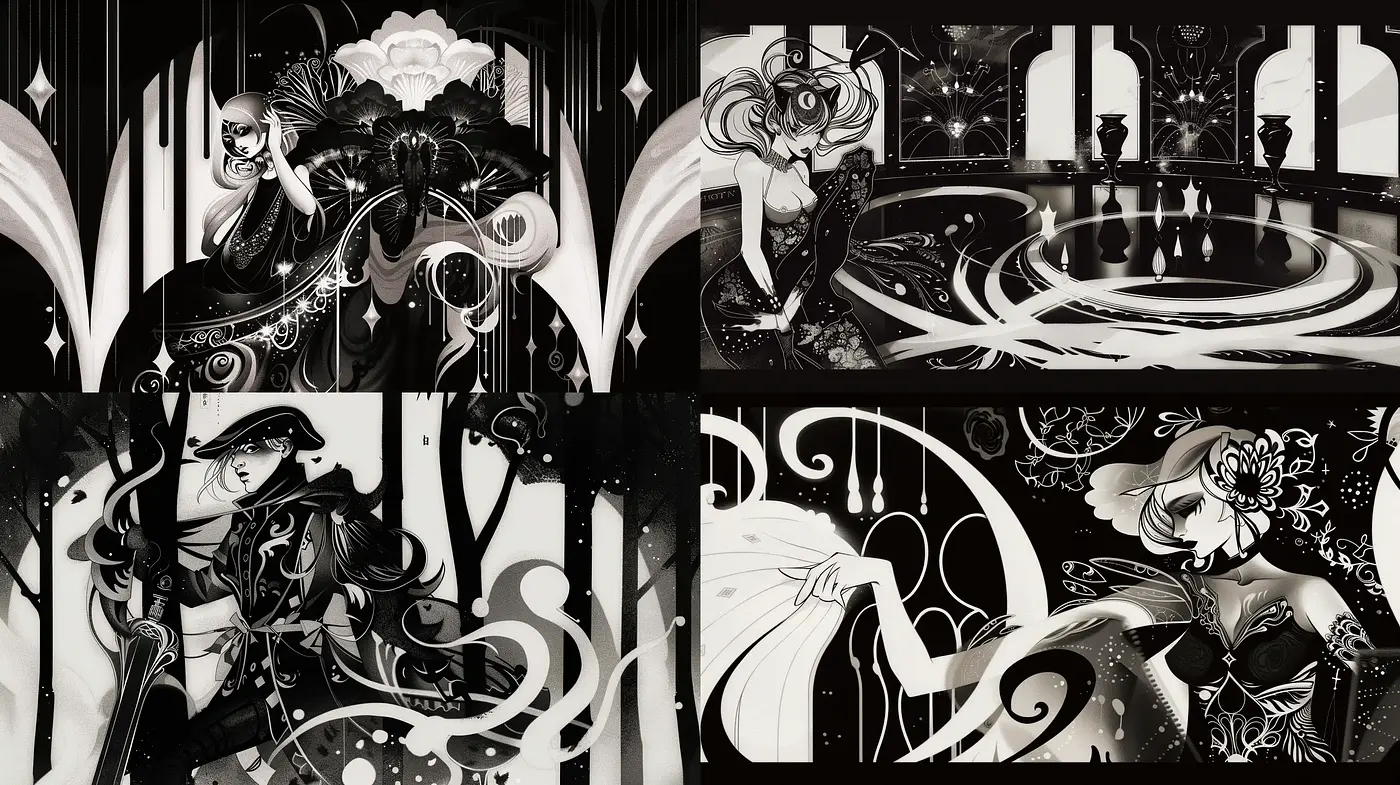 Monochrome Whimsy: Art Nouveau Fusion with Graphic Novel Aesthetics - Midjourney sref style
