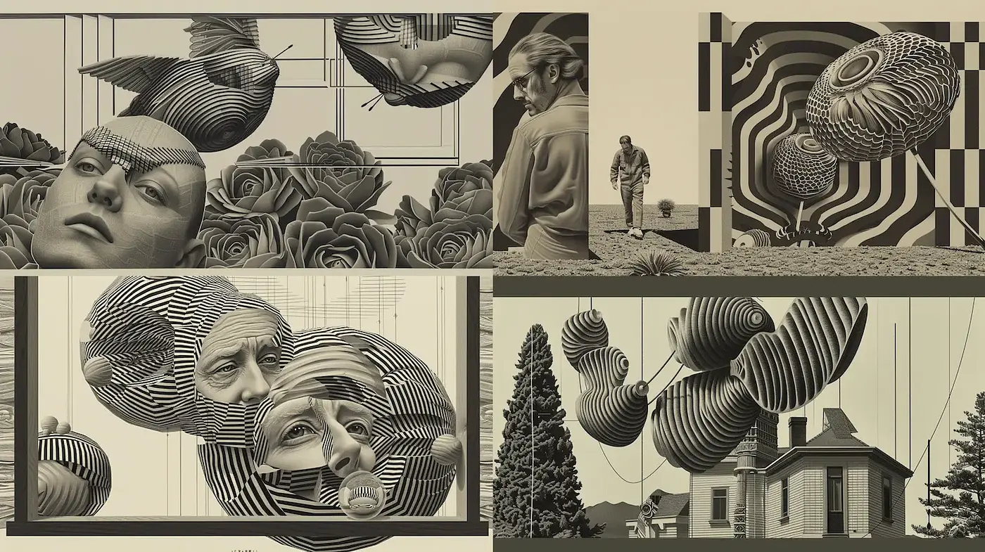 Surrealistic Monochrome with Geometric Lattice and Organic Forms - Midjourney sref style