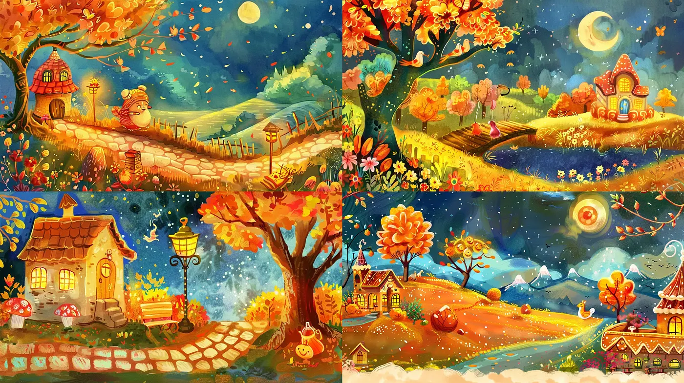 Enchanted Autumn Dreamscape: A Whimsical Fusion of Storybook Warmth and Painterly Textures - Midjourney sref style