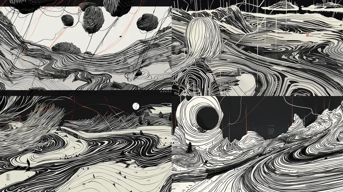 Contemporary Surrealism with Fluid Line Art and Monochromatic Palette - Midjourney sref style