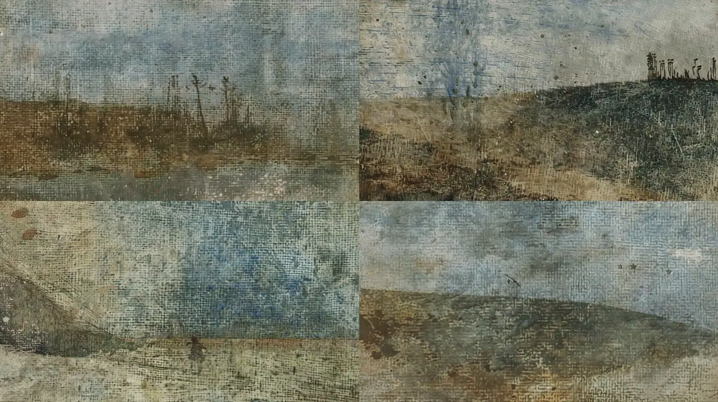 Canvas of Time: A Muted, Textured Landscape Quartet - Midjourney sref style