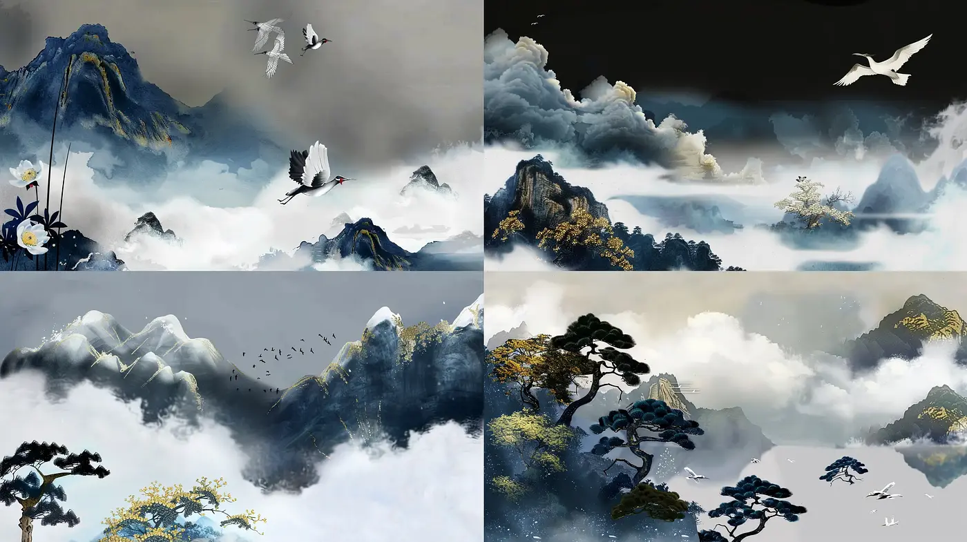 Ethereal Mountain Mist: A Harmonious Blend of Traditional East Asian Ink Wash Painting and Digital Artistry - Midjourney sref style
