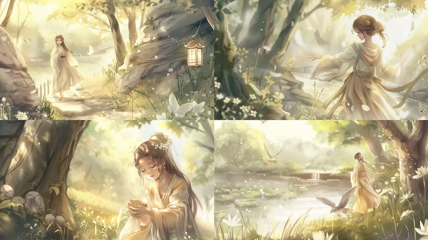 Idyllic Serenity: A Consistent Vision of Tranquil Light-Filled Pastoral Scenes - Midjourney sref style