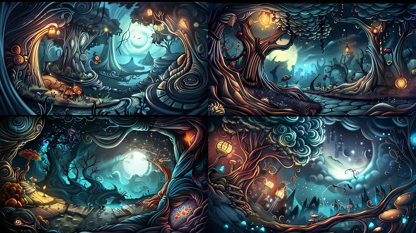 Enchanted Twilit Arboreal Dreamscape: A Synthesis of Vivid Colors and Surreal Fantasy - Midjourney sref style
