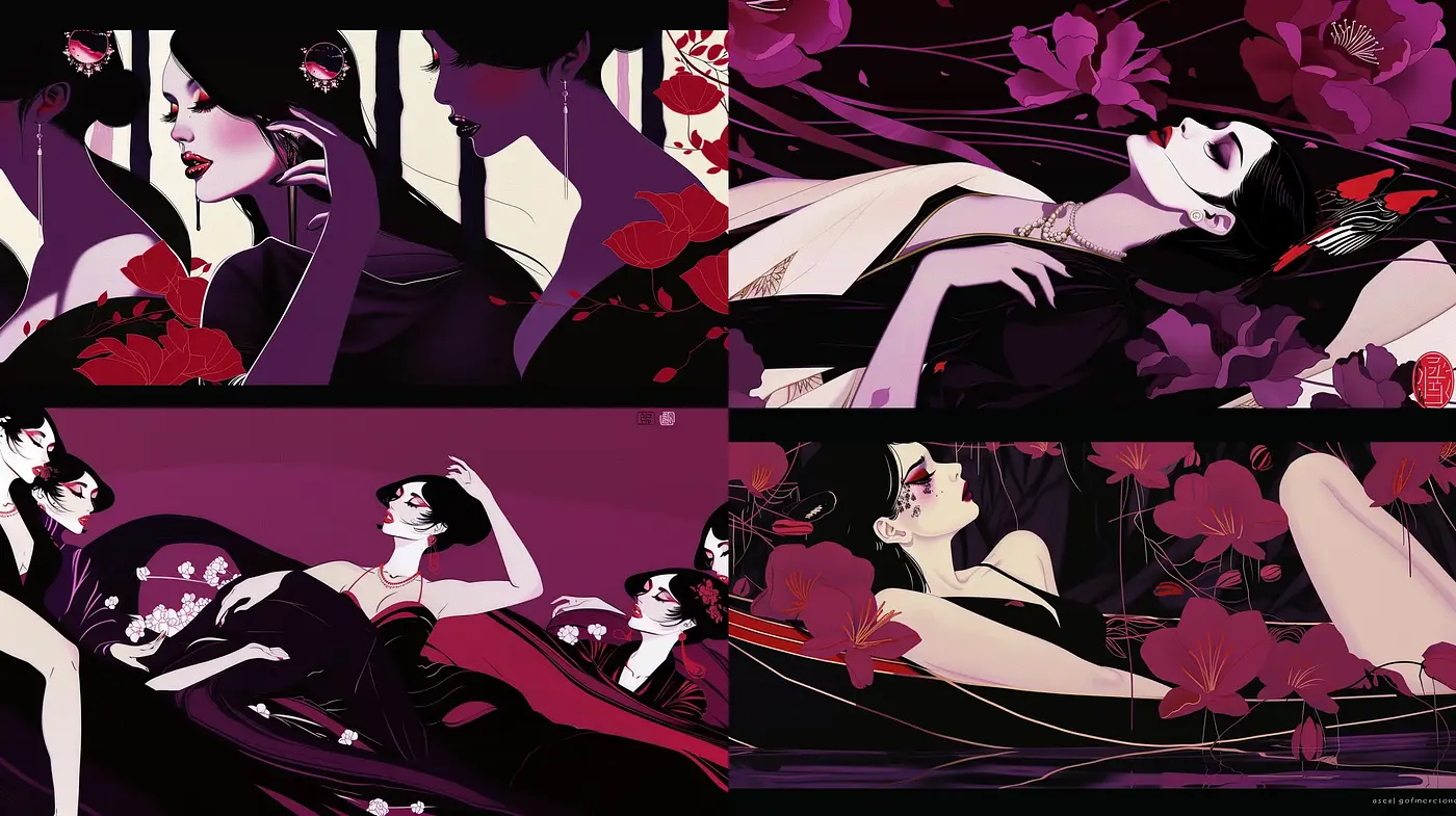Noir Elegance with a Crimson Kiss: A Visual Ode to Art Deco and Japanese Illustration - Midjourney sref style