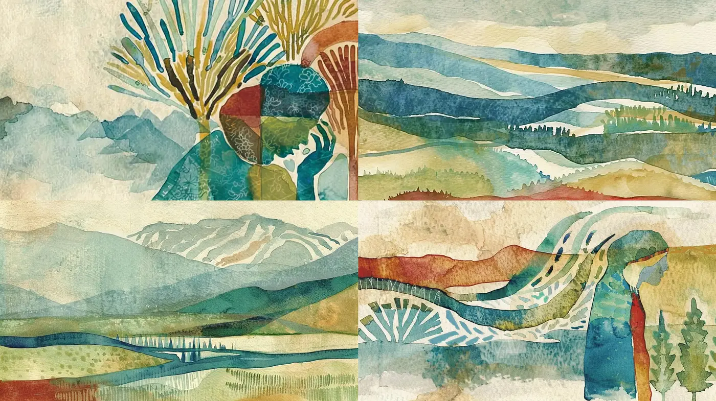 Serene Watercolor Panorama: Evoking Natural Tranquility and Artistic Fluidity - Midjourney sref style
