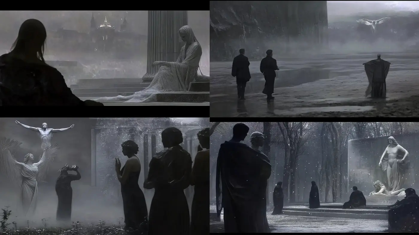 Ethereal Monochromatic Tableaus with a Cinematic Grandeur - Midjourney sref style