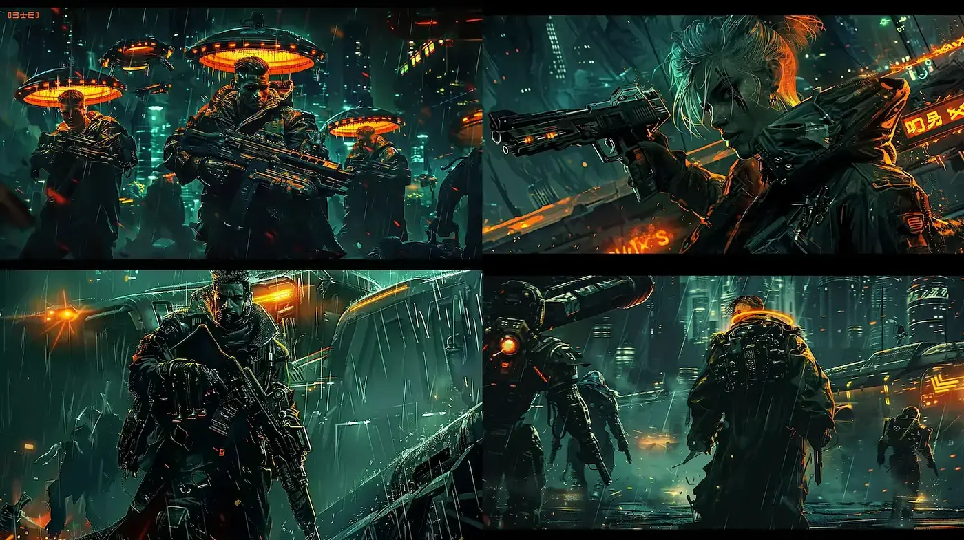 Futuristic Cyberpunk Aesthetic with Neon Elements and Rainy Atmosphere - Midjourney sref style